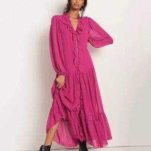 Farm Rio for Anthropologie Culebra Ruffled Maxi Dress in Fuchsia